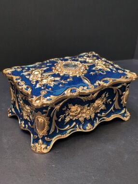 Feyarl Blue/Gold Lidded Ornate Antique Finish Jewelry Box.